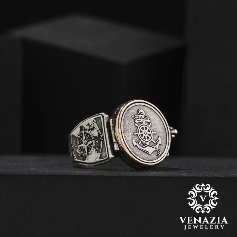 1 Rota Ve Pusula Gümüş Erkek Yüzük Modeli