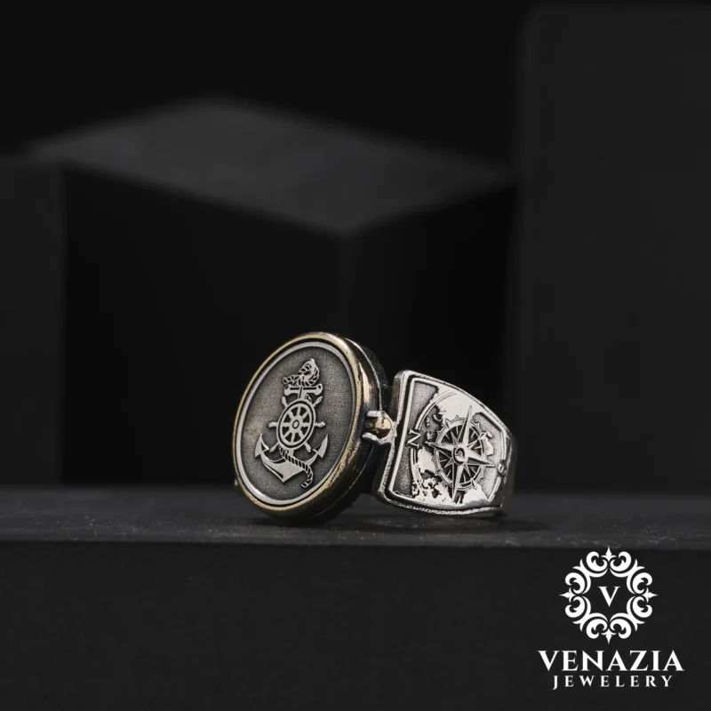 2 Rota Ve Pusula Gümüş Erkek Yüzük Modeli