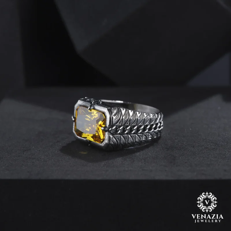 Sitrin Taşlı Gümüş Erkek Yüzük Modeli