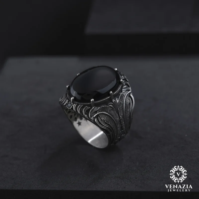 VeNAZIA 30-10-20232910 copy Siyah Akik Taşlı Gümüş Yüzük Modeli