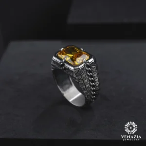 Sitrin Taşlı Gümüş Erkek Yüzük Modeli