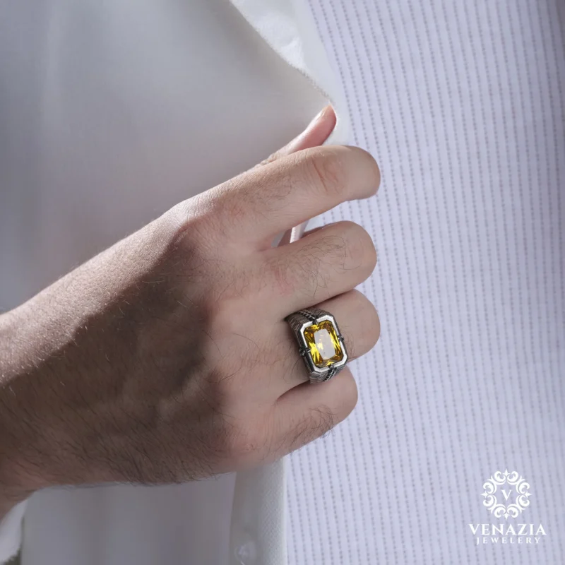 Sitrin Taşlı Gümüş Erkek Yüzük Modeli