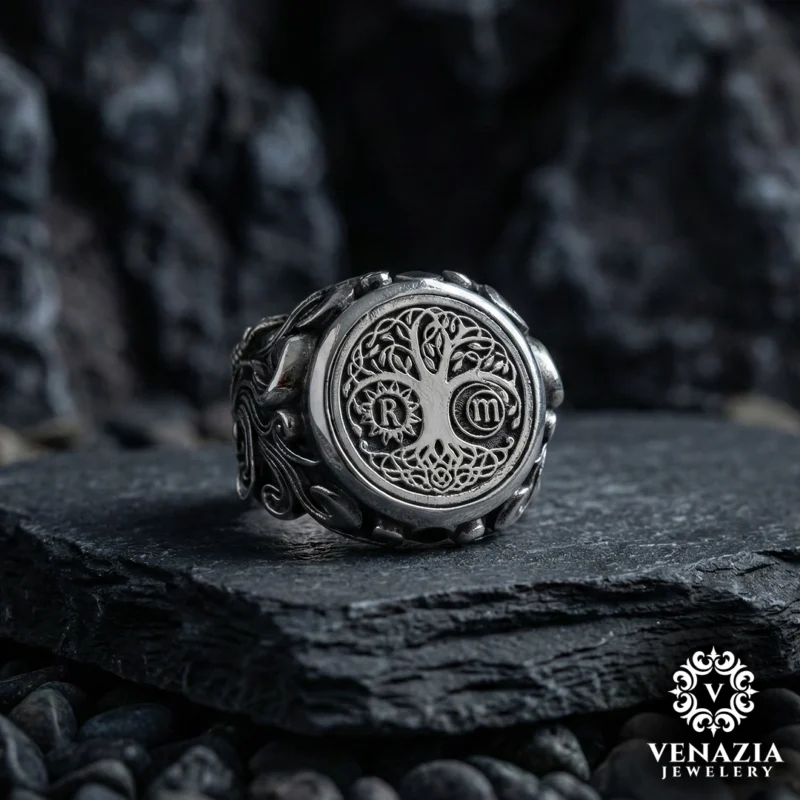 1 Hayat Ağacı Gümüş Erkek Yüzük Modeli