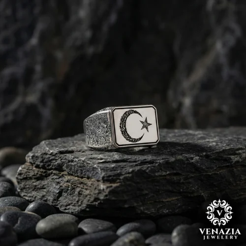 1 Motifli Ay Yıldız Gümüş Yüzük