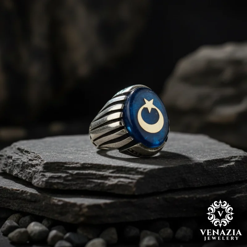 1 Ay Yıldız Gümüş Erkek Yüzük Modeli