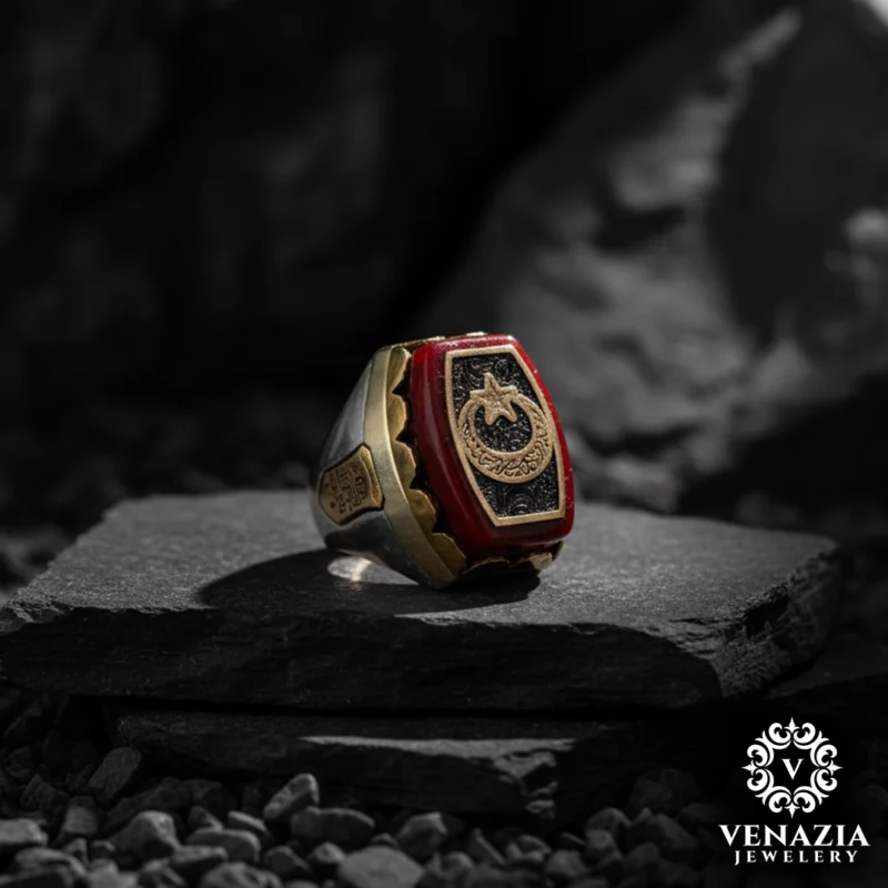 Motifli Ay Yıldız Gümüş Yüzük