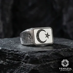 Motifli Ay Yıldız Gümüş Yüzük