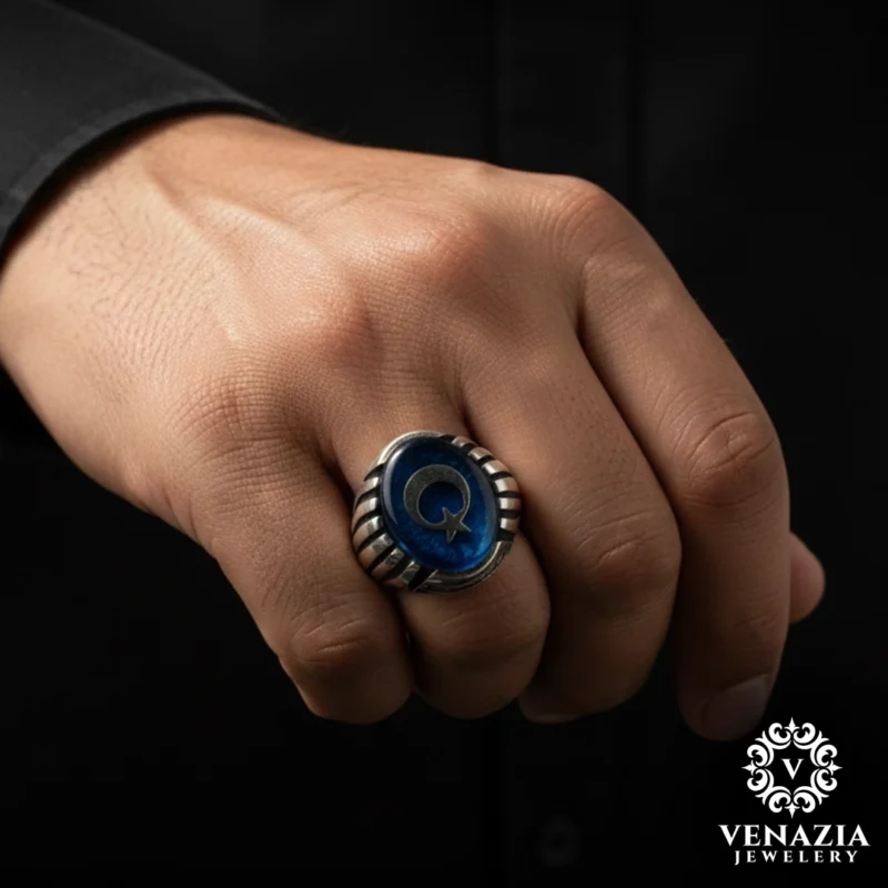 2 Ay Yıldız Gümüş Erkek Yüzük Modeli