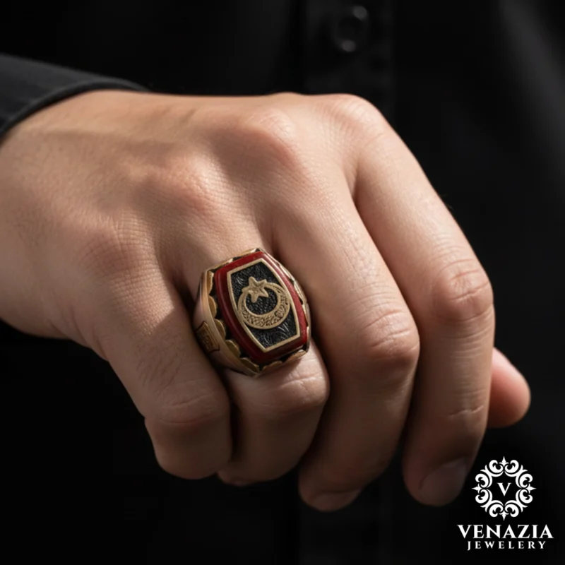 Motifli Ay Yıldız Gümüş Yüzük