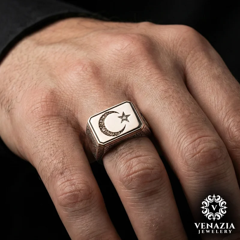 Motifli Ay Yıldız Gümüş Yüzük