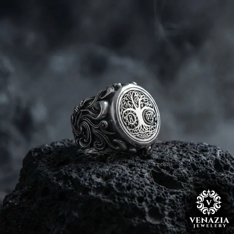 r Hayat Ağacı Gümüş Erkek Yüzük Modeli